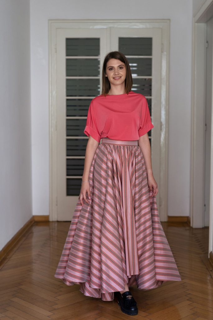 Fusta maxi shantung matase dungi roz verde.