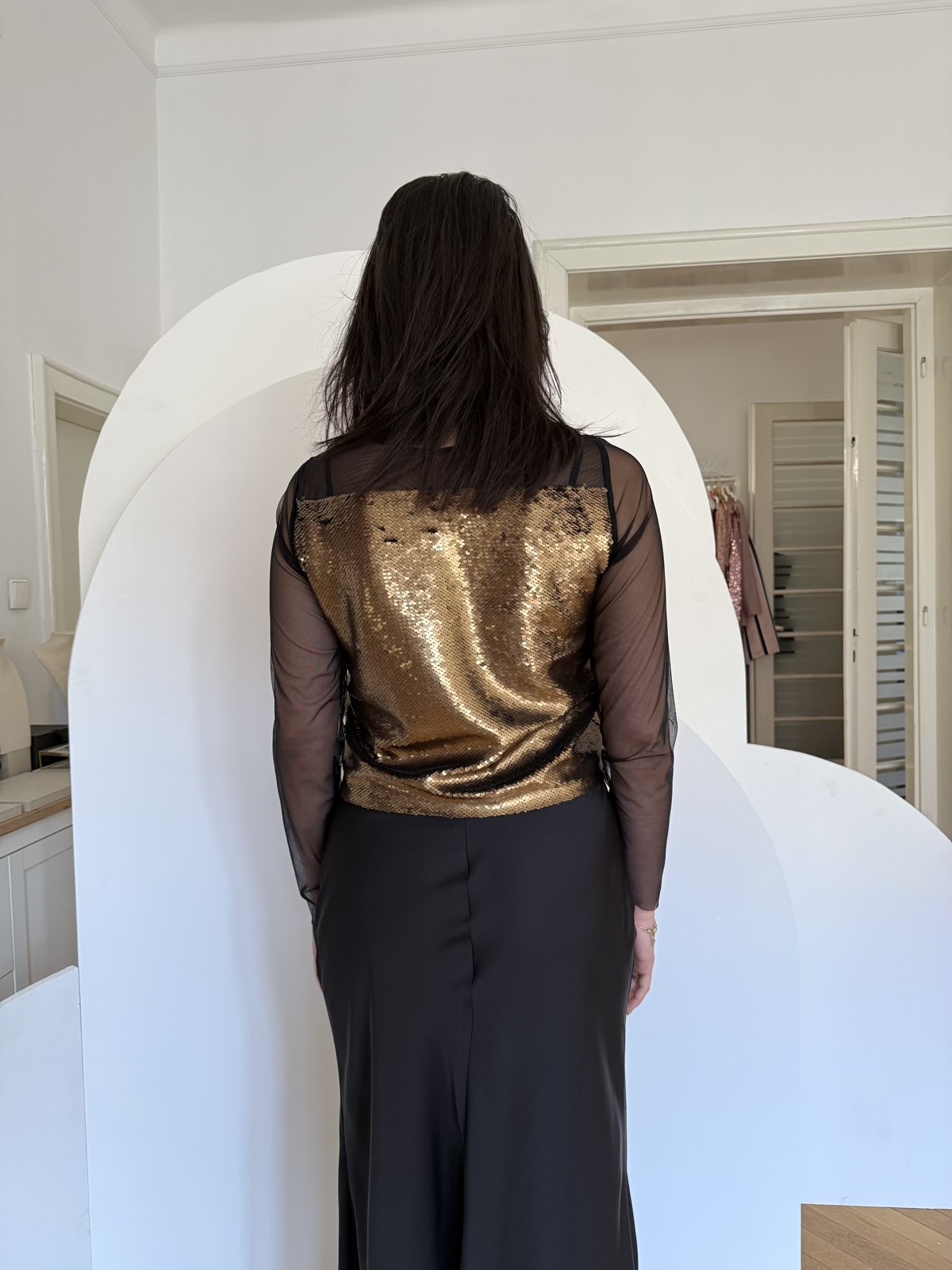 Bluză paiete bronz tulle negru - XL/42 - imagine 3