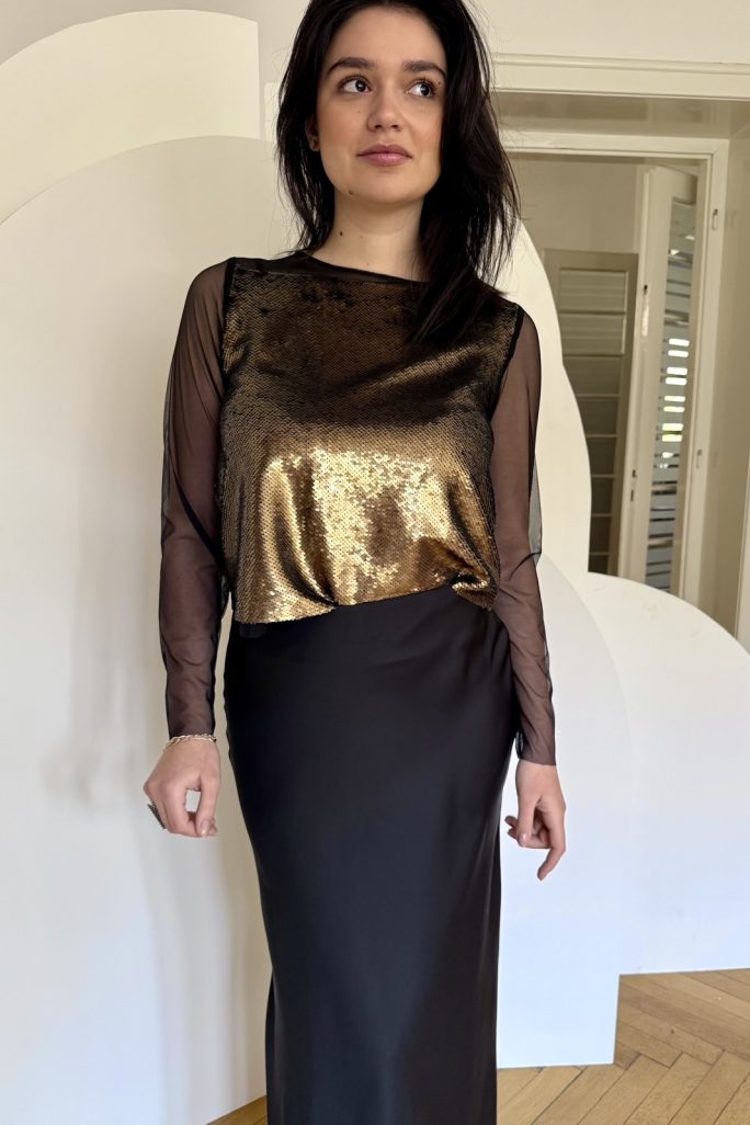 Bluză paiete bronz tulle negru - XL/42