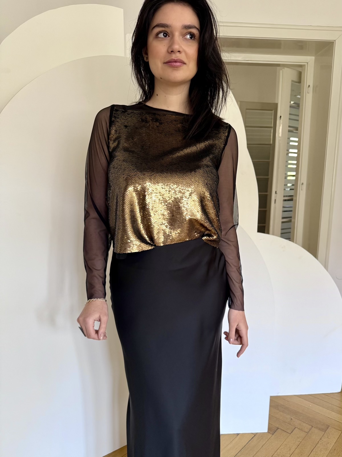Bluză paiete bronz tulle negru - XL/42