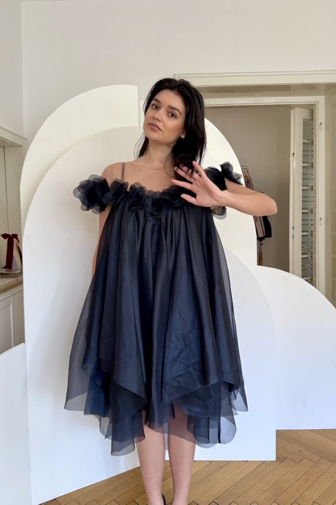 Rochie PETALE organza de matase navy.